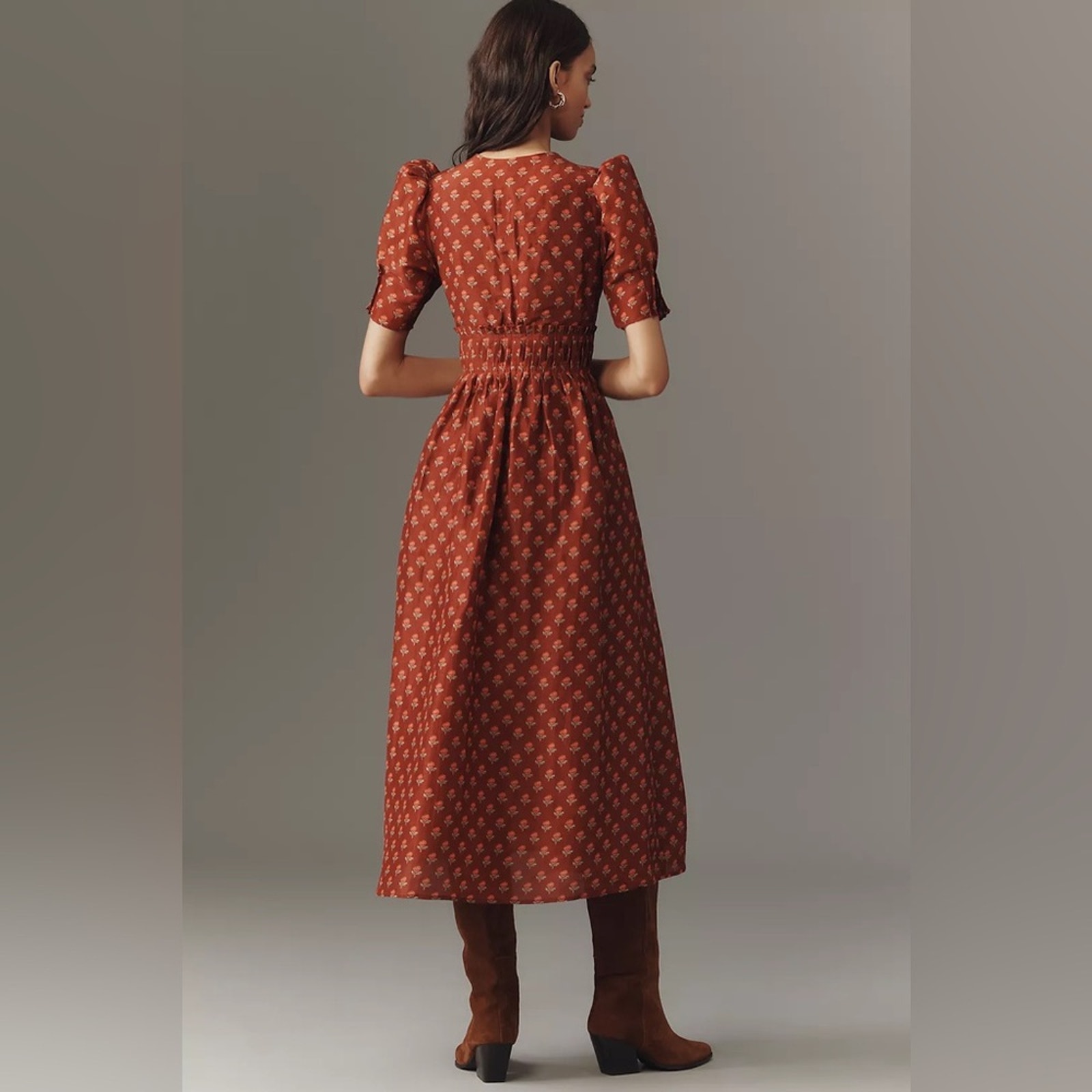 Lovaan Boehm Linen-Silk Puff-Sleeve V-Neck Midi Dress — image 5 of 8